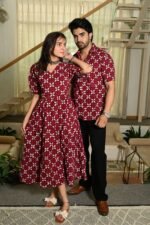 Couple Matching Maroon Cotton Anarkali Midi Dress and Shirt Set ? White Floral Print - Image 3