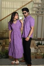 Couple Matching Purple Cotton Anarkali Midi Dress and Shirt Set ? Geometric Wave Print - Image 3