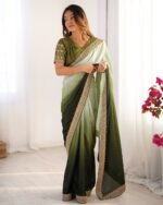 Women's Elegant Ombre Green Georgette Saree with Intricate Golden Zari & Stone Embellishments – Complete with Heavily Worked Blouse for Festive & Wedding Wear - Image 29
