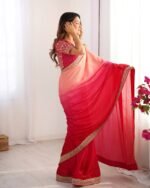 Women's Elegant Ombre Green Georgette Saree with Intricate Golden Zari & Stone Embellishments – Complete with Heavily Worked Blouse for Festive & Wedding Wear - Image 22