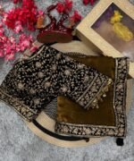Women's Luxe Olive-Gold Silk Saree with Heavily Embellished Blouse & Border – Ideal for Evening, Wedding & Reception Wear - Image 11