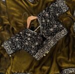 Women's Luxe Olive-Gold Silk Saree with Heavily Embellished Blouse & Border – Ideal for Evening, Wedding & Reception Wear - Image 10