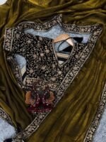 Women's Luxe Olive-Gold Silk Saree with Heavily Embellished Blouse & Border – Ideal for Evening, Wedding & Reception Wear - Image 5