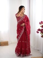 Women's Elegant Regal Purple Georgette Saree with Intricate Silver Thread & Sequin Embroidery – Complete with Embellished Blouse Piece for Festive & Party Wear - Image 25