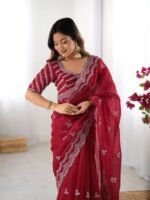 Women's Elegant Regal Purple Georgette Saree with Intricate Silver Thread & Sequin Embroidery – Complete with Embellished Blouse Piece for Festive & Party Wear - Image 22