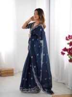 Women's Elegant Regal Purple Georgette Saree with Intricate Silver Thread & Sequin Embroidery – Complete with Embellished Blouse Piece for Festive & Party Wear - Image 13