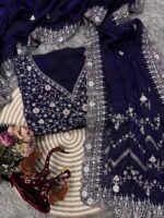 Royal Blue Embroidered Blouse Piece with Intricate Mirror, Sequin & Floral Threadwork – Ready-to-Stitch Fabric for Sarees & Festive Ethnic Wear - Image 3