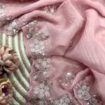 Women's Soft Pink Organza Saree with Delicate Pearl & Sequin Floral Embroidery – Lightweight Sheer Drape for Festive, Wedding & Party Wear