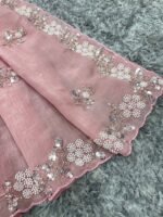 Women's Soft Pink Organza Saree with Delicate Pearl & Sequin Floral Embroidery – Lightweight Sheer Drape for Festive, Wedding & Party Wear - Image 5