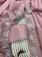 Women's Soft Pink Organza Saree with Delicate Pearl & Sequin Floral Embroidery – Lightweight Sheer Drape for Festive, Wedding & Party Wear - Image 4