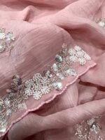 Women's Soft Pink Organza Saree with Delicate Pearl & Sequin Floral Embroidery – Lightweight Sheer Drape for Festive, Wedding & Party Wear - Image 2