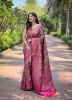 Women's Luxurious Pista Green & Pink Art Silk Saree with Intricate Leaf Weave & Broad Zari Border – Ideal for Festive & Wedding Occasions - Image 11