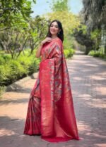 Women's Luxurious Pista Green & Pink Art Silk Saree with Intricate Leaf Weave & Broad Zari Border – Ideal for Festive & Wedding Occasions - Image 5