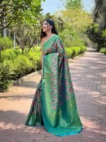 Women's Luxurious Pista Green & Pink Art Silk Saree with Intricate Leaf Weave & Broad Zari Border – Ideal for Festive & Wedding Occasions - Image 2