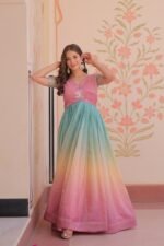 Women's Dual-Tone Ombre Gown in Candy Pink & Aqua Green with Embroidered Bodice – Festive & Contemporary Wear - Image 6