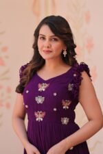 Women's Elegant Plum Purple Georgette Anarkali Gown with Butterfly Applique & Ruffle Sleeves – Festive & Special Occasion Wear - Image 9
