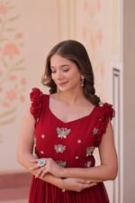 Women's Elegant Plum Purple Georgette Anarkali Gown with Butterfly Applique & Ruffle Sleeves – Festive & Special Occasion Wear - Image 10