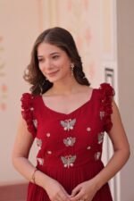 Women's Elegant Plum Purple Georgette Anarkali Gown with Butterfly Applique & Ruffle Sleeves – Festive & Special Occasion Wear - Image 13