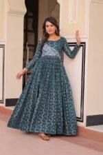 Women's Festive Berry Purple Printed Anarkali Gown with Intricate Zari Work & Embellished Yoke – Perfect for Traditional & Celebration Wear - Image 9