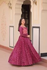 Women's Festive Berry Purple Printed Anarkali Gown with Intricate Zari Work & Embellished Yoke – Perfect for Traditional & Celebration Wear - Image 7