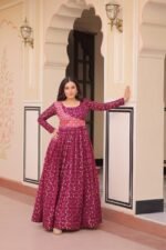 Women's Festive Berry Purple Printed Anarkali Gown with Intricate Zari Work & Embellished Yoke – Perfect for Traditional & Celebration Wear - Image 6