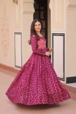 Women's Festive Berry Purple Printed Anarkali Gown with Intricate Zari Work & Embellished Yoke – Perfect for Traditional & Celebration Wear
