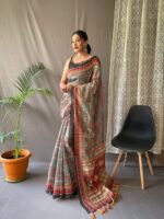 Women's Artistic Terracotta Orange Linen Saree with Kalamkari Inspired Print & Tassel Detailing – Perfect for Casual Festivities & Cultural Events - Image 8
