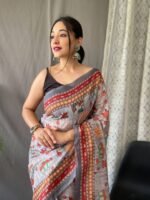 Women's Artistic Terracotta Orange Linen Saree with Kalamkari Inspired Print & Tassel Detailing – Perfect for Casual Festivities & Cultural Events - Image 10