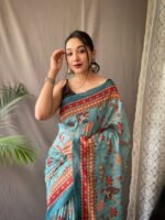 Women's Artistic Terracotta Orange Linen Saree with Kalamkari Inspired Print & Tassel Detailing – Perfect for Casual Festivities & Cultural Events - Image 13