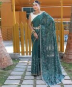 Women's Royal Prussian Blue Georgette Saree with Intricate Silver Thread & Mirror Work Embroidery – Perfect for Festive & Wedding Celebrations - Image 21