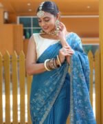 Women's Royal Prussian Blue Georgette Saree with Intricate Silver Thread & Mirror Work Embroidery – Perfect for Festive & Wedding Celebrations - Image 3