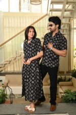 Couple Matching Black Cotton Anarkali Midi Dress and Shirt Set ? Vertical Vine Block Print - Image 2