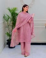 Women's Faux Georgette Embroidery work Straight Kurti With Pant and Dupatta Set - Image 6