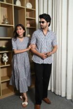 Couple Matching Sky Blue Cotton Anarkali Midi Dress and Shirt Set ? Pink Floral Print - Image 3