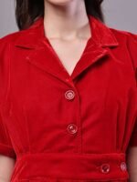 Women's Red Velvet Solid Printed Shirt Midi Dress with Belt - Image 5