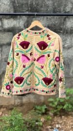 Womens Light Beige Velvet Embroidered Jacket with Floral Design - Image 3